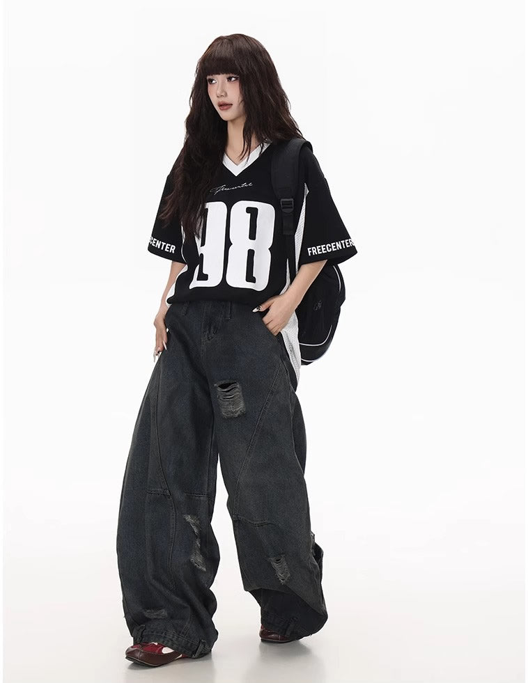 Distressed Washed Deconstructed Blade-Cut Denim Pants [ID:0549PA]