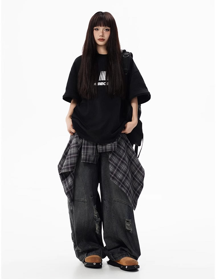 Distressed Washed Deconstructed Blade-Cut Denim Pants [ID:0549PA]