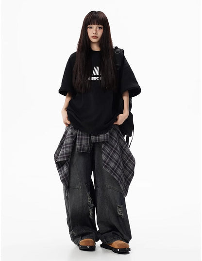 Distressed Washed Deconstructed Blade-Cut Denim Pants [ID:0549PA]
