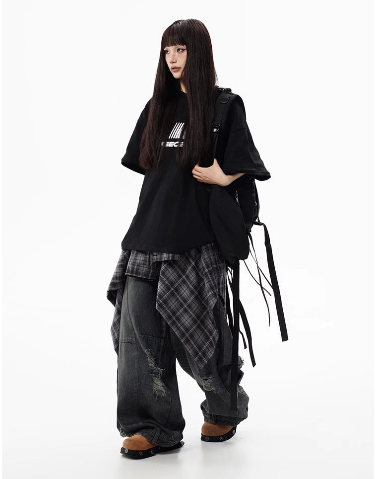 Distressed Washed Deconstructed Blade-Cut Denim Pants [ID:0549PA]
