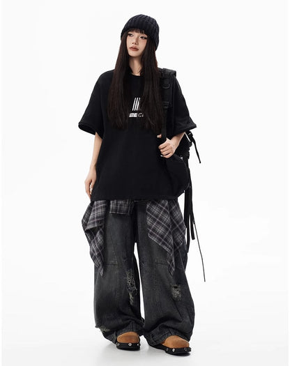 Distressed Washed Deconstructed Blade-Cut Denim Pants [ID:0549PA]