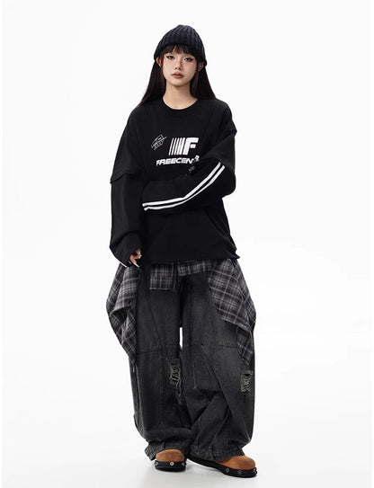 Distressed Washed Deconstructed Blade-Cut Denim Pants [ID:0549PA]