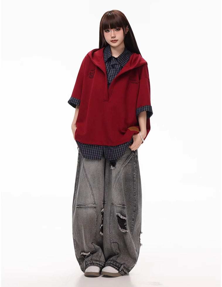 Distressed Washed Deconstructed Blade-Cut Denim Pants [ID:0549PA]