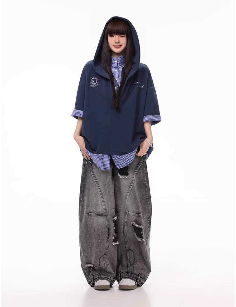 Distressed Washed Deconstructed Blade-Cut Denim Pants [ID:0549PA]