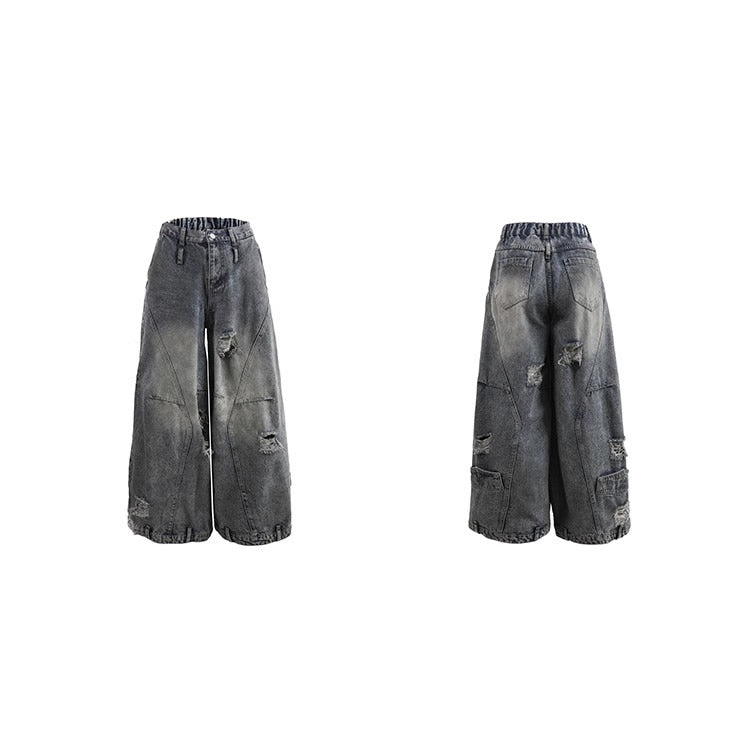Distressed Washed Deconstructed Blade-Cut Denim Pants [ID:0549PA]