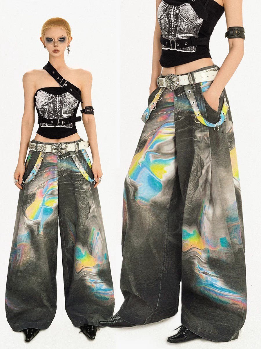 Vintage High-Street Tie-Dye Color Wide-Leg Denim Pants
 [ID:0550PA]