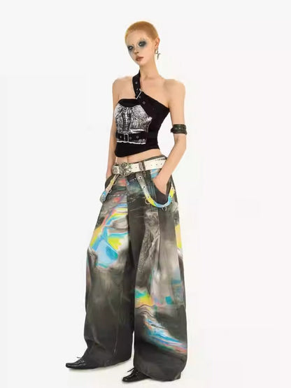 Vintage High-Street Tie-Dye Color Wide-Leg Denim Pants
 [ID:0550PA]