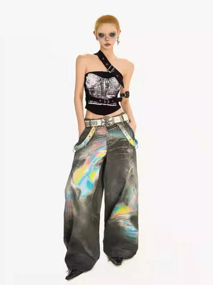 Vintage High-Street Tie-Dye Color Wide-Leg Denim Pants
 [ID:0550PA]