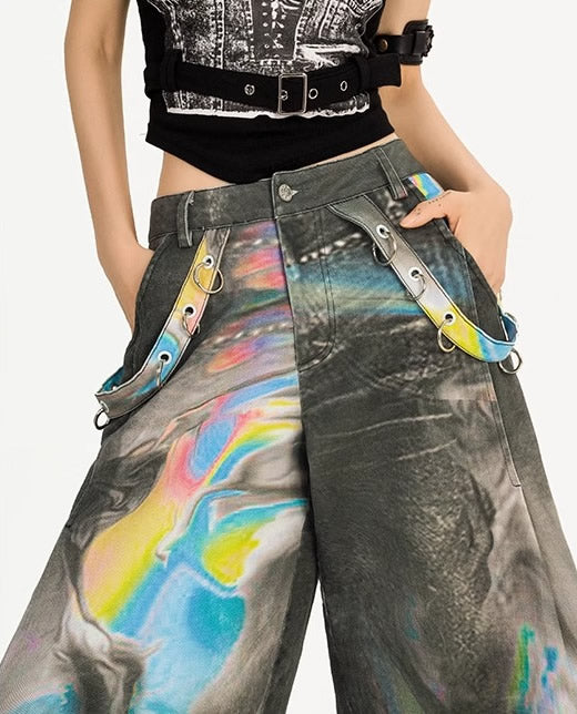 Vintage High-Street Tie-Dye Color Wide-Leg Denim Pants
 [ID:0550PA]