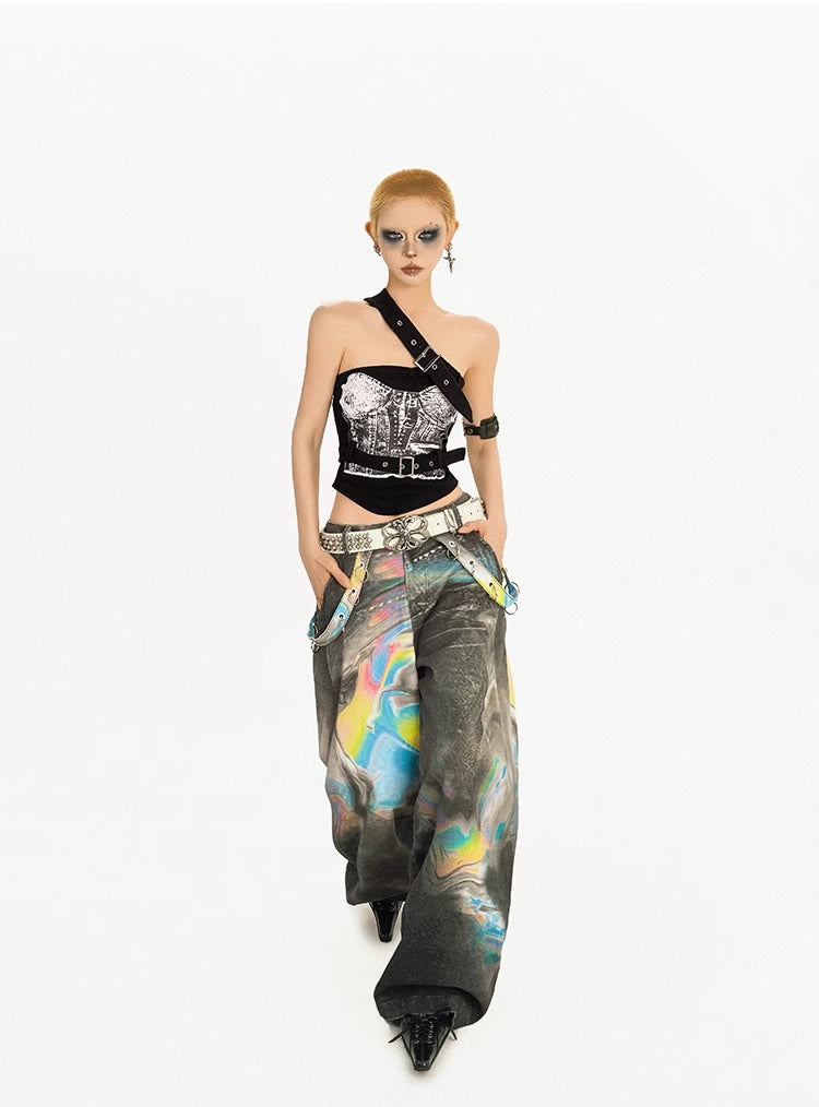 Vintage High-Street Tie-Dye Color Wide-Leg Denim Pants
 [ID:0550PA]