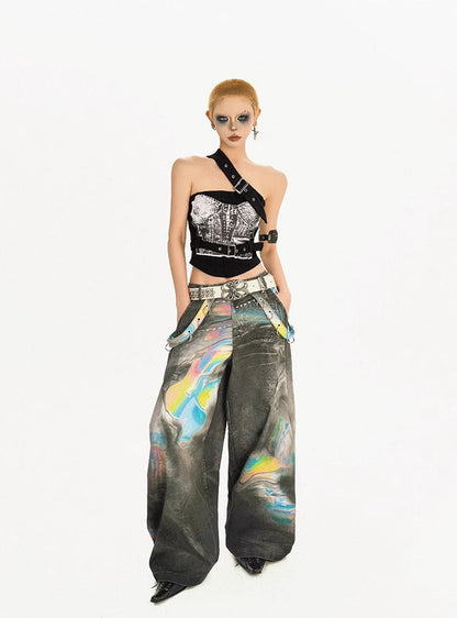 Vintage High-Street Tie-Dye Color Wide-Leg Denim Pants
 [ID:0550PA]