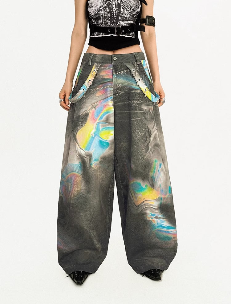 Vintage High-Street Tie-Dye Color Wide-Leg Denim Pants
 [ID:0550PA]