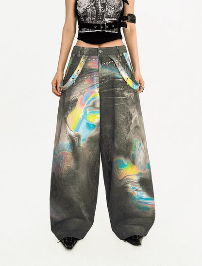 Vintage High-Street Tie-Dye Color Wide-Leg Denim Pants
 [ID:0550PA]