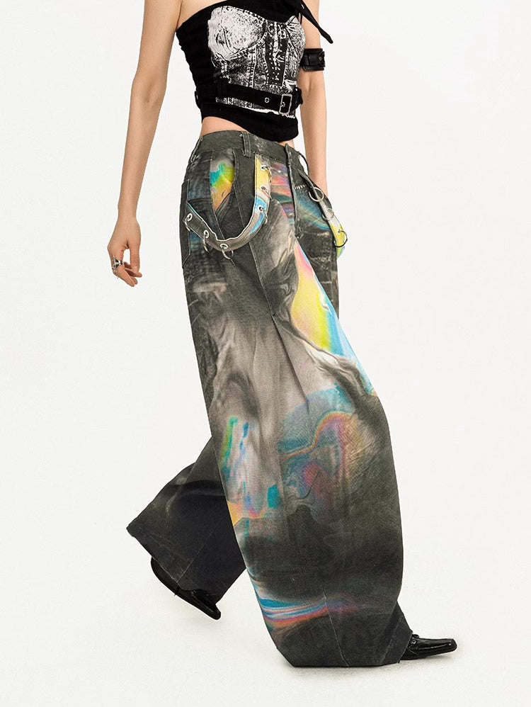Vintage High-Street Tie-Dye Color Wide-Leg Denim Pants
 [ID:0550PA]