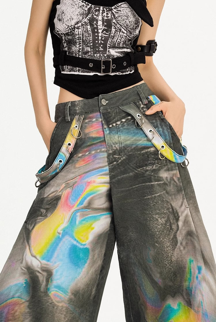 Vintage High-Street Tie-Dye Color Wide-Leg Denim Pants
 [ID:0550PA]