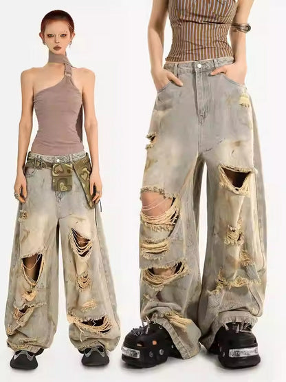 Destroyed Straight-Leg Washed Mud-Tone Denim Pants
 [ID:0551PA]