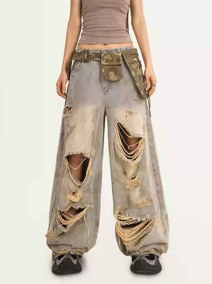 Destroyed Straight-Leg Washed Mud-Tone Denim Pants
 [ID:0551PA]