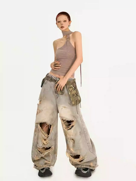 Destroyed Straight-Leg Washed Mud-Tone Denim Pants [ID:0551PA]