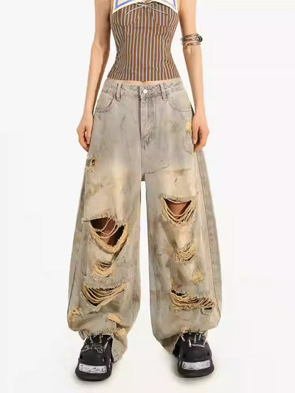 Destroyed Straight-Leg Washed Mud-Tone Denim Pants
 [ID:0551PA]