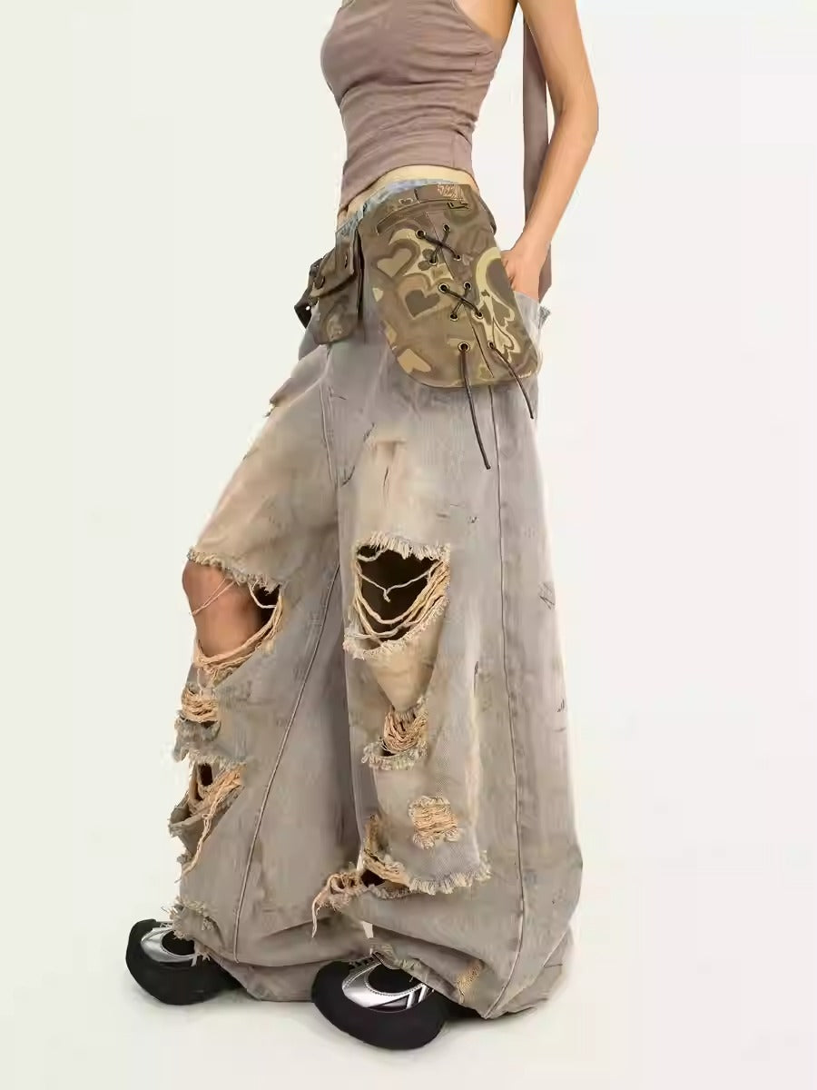 Destroyed Straight-Leg Washed Mud-Tone Denim Pants
 [ID:0551PA]