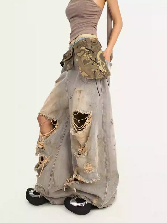 Destroyed Straight-Leg Washed Mud-Tone Denim Pants [ID:0551PA]