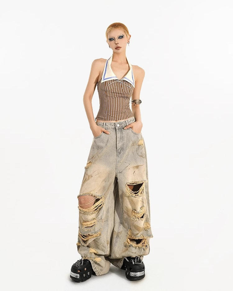 Destroyed Straight-Leg Washed Mud-Tone Denim Pants
 [ID:0551PA]