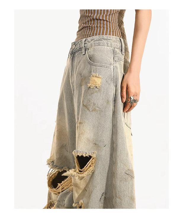 Destroyed Straight-Leg Washed Mud-Tone Denim Pants
 [ID:0551PA]