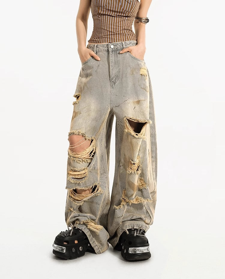 Destroyed Straight-Leg Washed Mud-Tone Denim Pants
 [ID:0551PA]