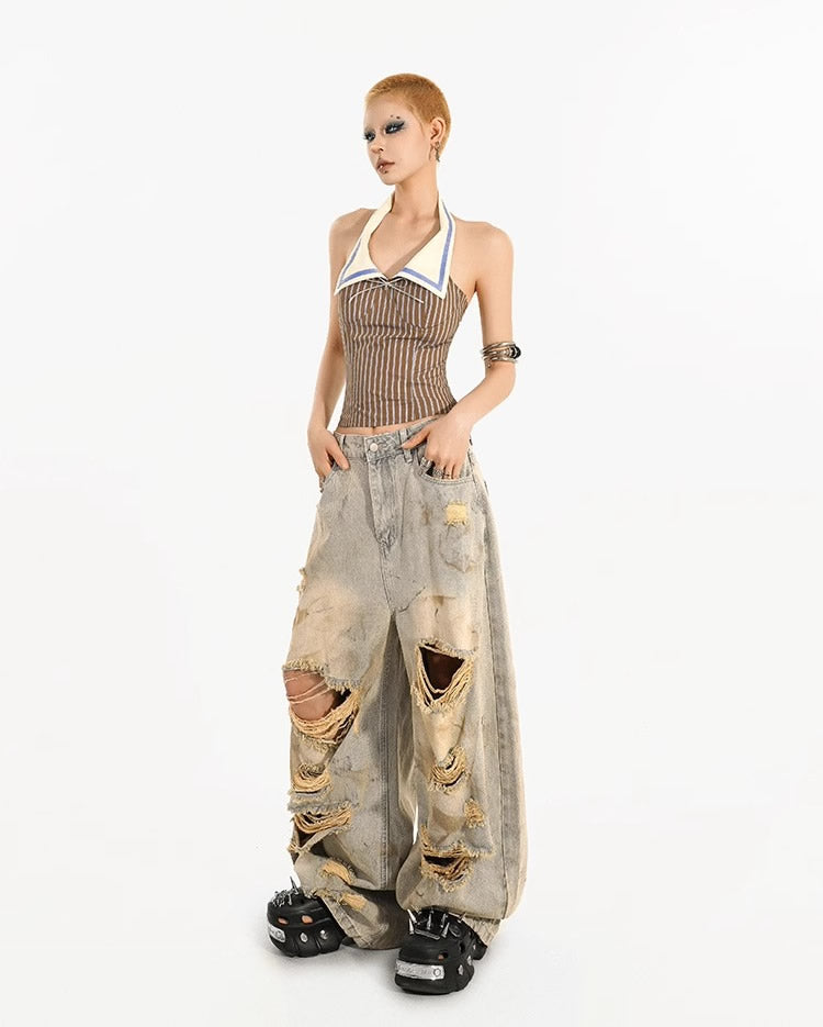 Destroyed Straight-Leg Washed Mud-Tone Denim Pants
 [ID:0551PA]