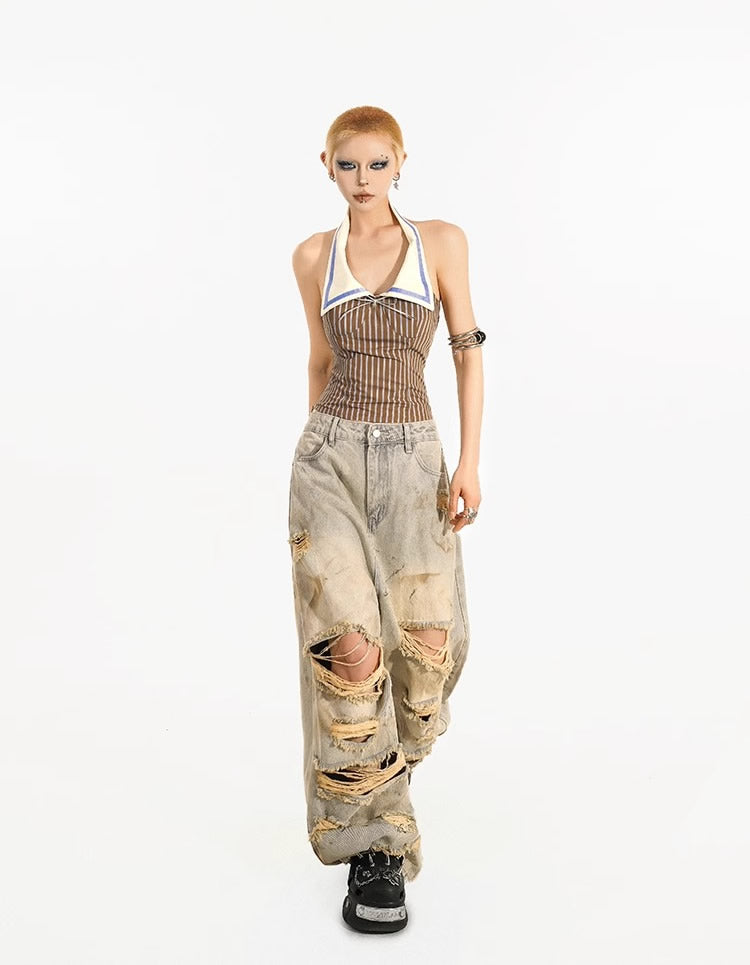 Destroyed Straight-Leg Washed Mud-Tone Denim Pants
 [ID:0551PA]