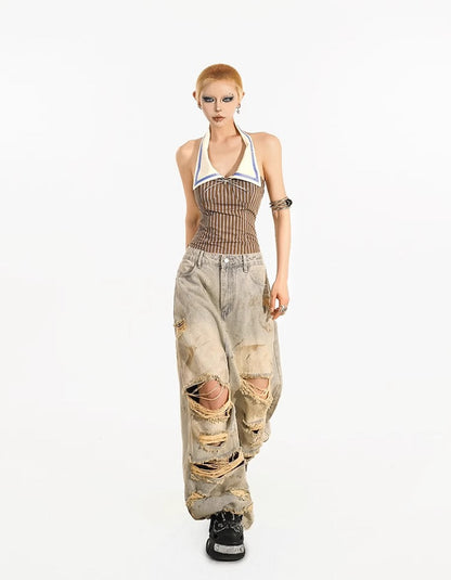 Destroyed Straight-Leg Washed Mud-Tone Denim Pants
 [ID:0551PA]