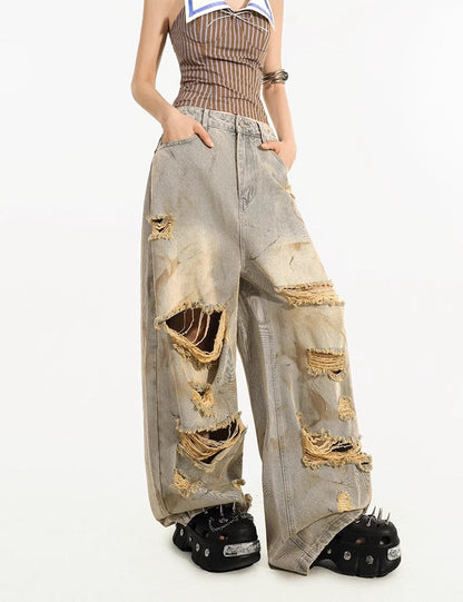 Destroyed Straight-Leg Washed Mud-Tone Denim Pants
 [ID:0551PA]