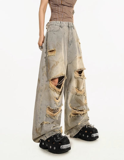 Destroyed Straight-Leg Washed Mud-Tone Denim Pants
 [ID:0551PA]