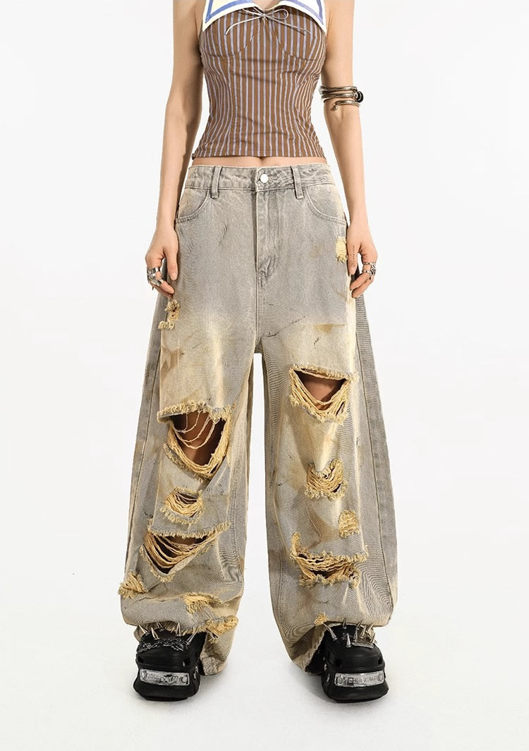 Destroyed Straight-Leg Washed Mud-Tone Denim Pants
 [ID:0551PA]