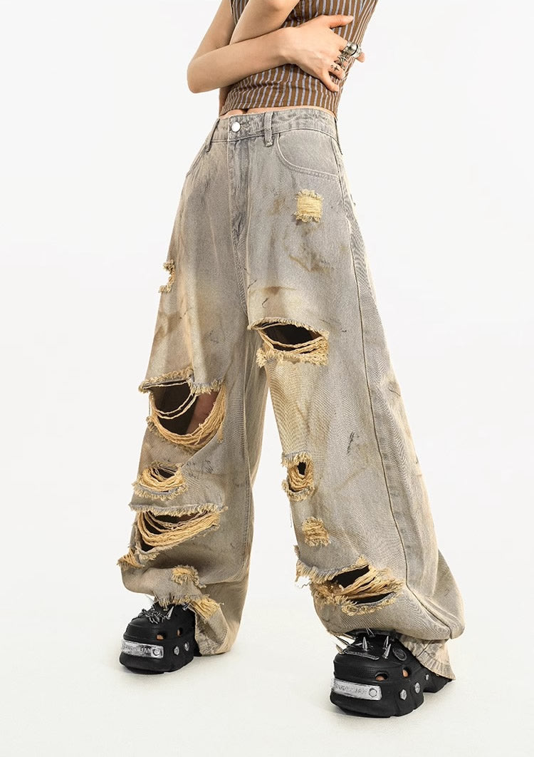 Destroyed Straight-Leg Washed Mud-Tone Denim Pants
 [ID:0551PA]