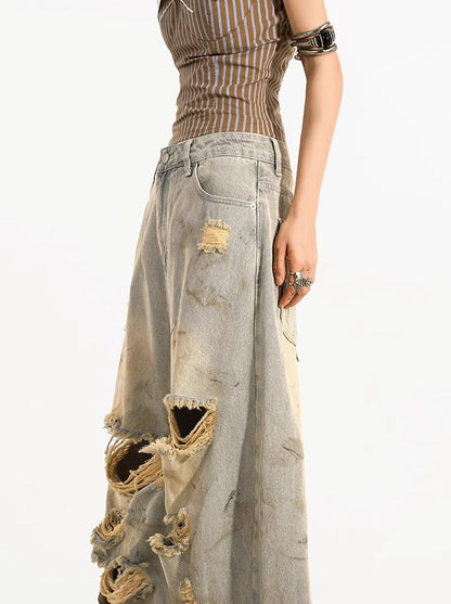Destroyed Straight-Leg Washed Mud-Tone Denim Pants
 [ID:0551PA]