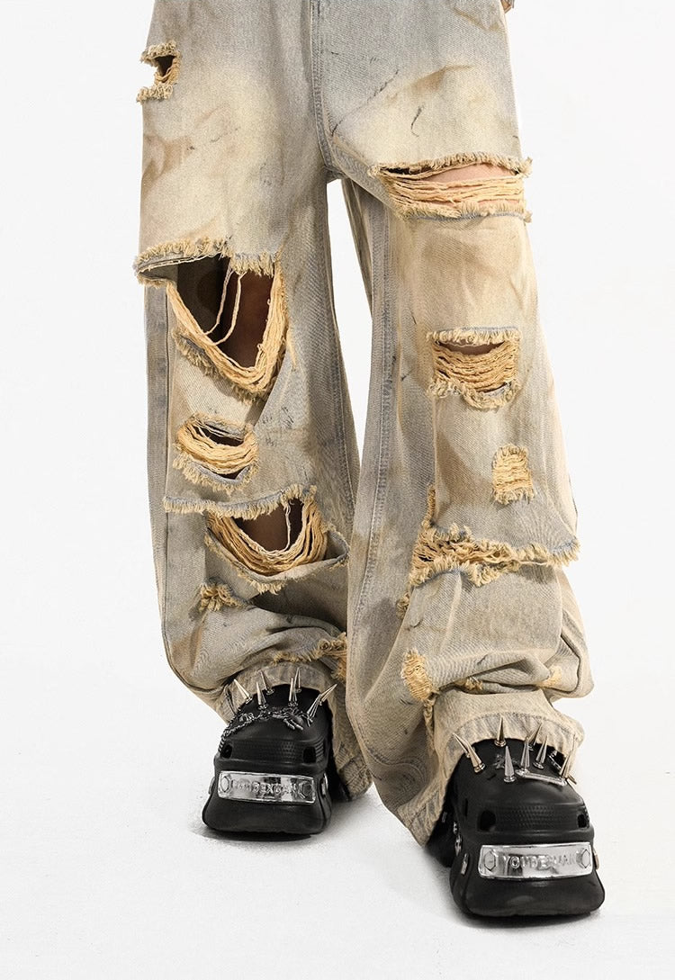 Destroyed Straight-Leg Washed Mud-Tone Denim Pants
 [ID:0551PA]