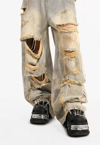 Destroyed Straight-Leg Washed Mud-Tone Denim Pants
 [ID:0551PA]
