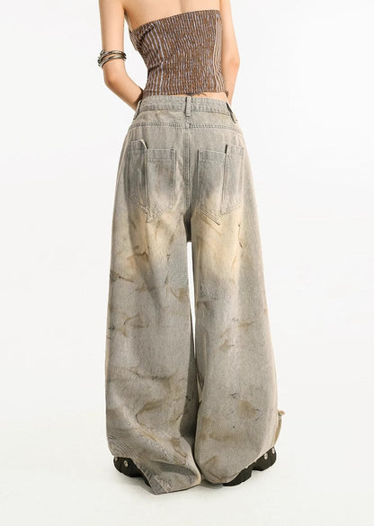 Destroyed Straight-Leg Washed Mud-Tone Denim Pants
 [ID:0551PA]