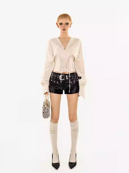 Metal Hardware Black Faux Leather Fitted Mini Shorts
 [ID:0552PA]
