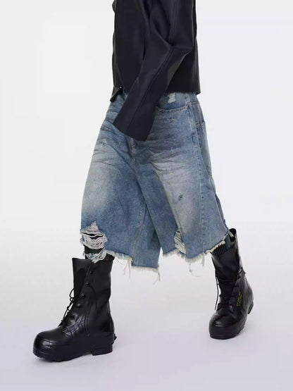 Washed Distressed Frayed Tassel Over-Knee Wrinkled Denim Shorts
 [ID:0553PA]