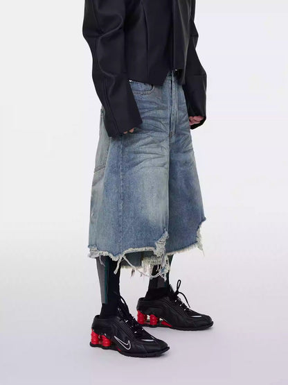 Washed Distressed Frayed Tassel Over-Knee Wrinkled Denim Shorts
 [ID:0553PA]