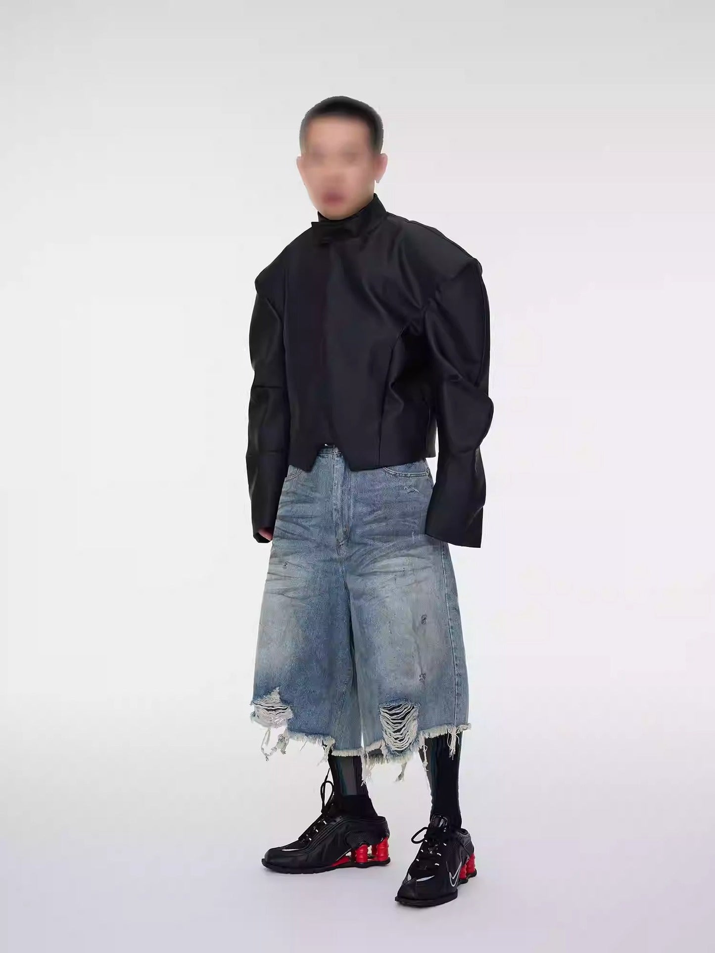 Washed Distressed Frayed Tassel Over-Knee Wrinkled Denim Shorts
 [ID:0553PA]