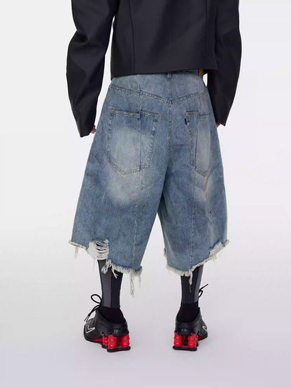 Washed Distressed Frayed Tassel Over-Knee Wrinkled Denim Shorts
 [ID:0553PA]