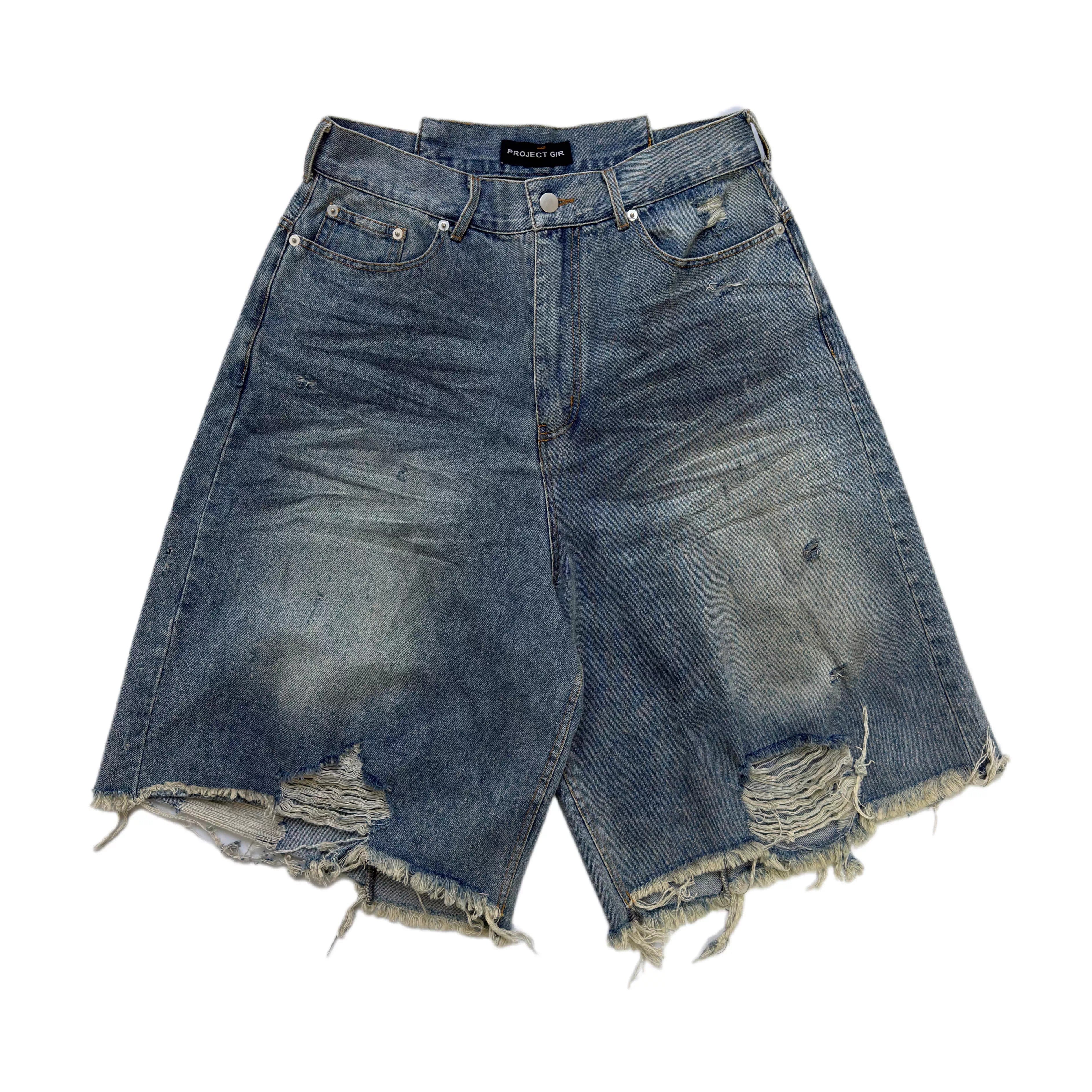 ASTT Washed Distressed Frayed Tassel Over-Knee Wrinkled Denim