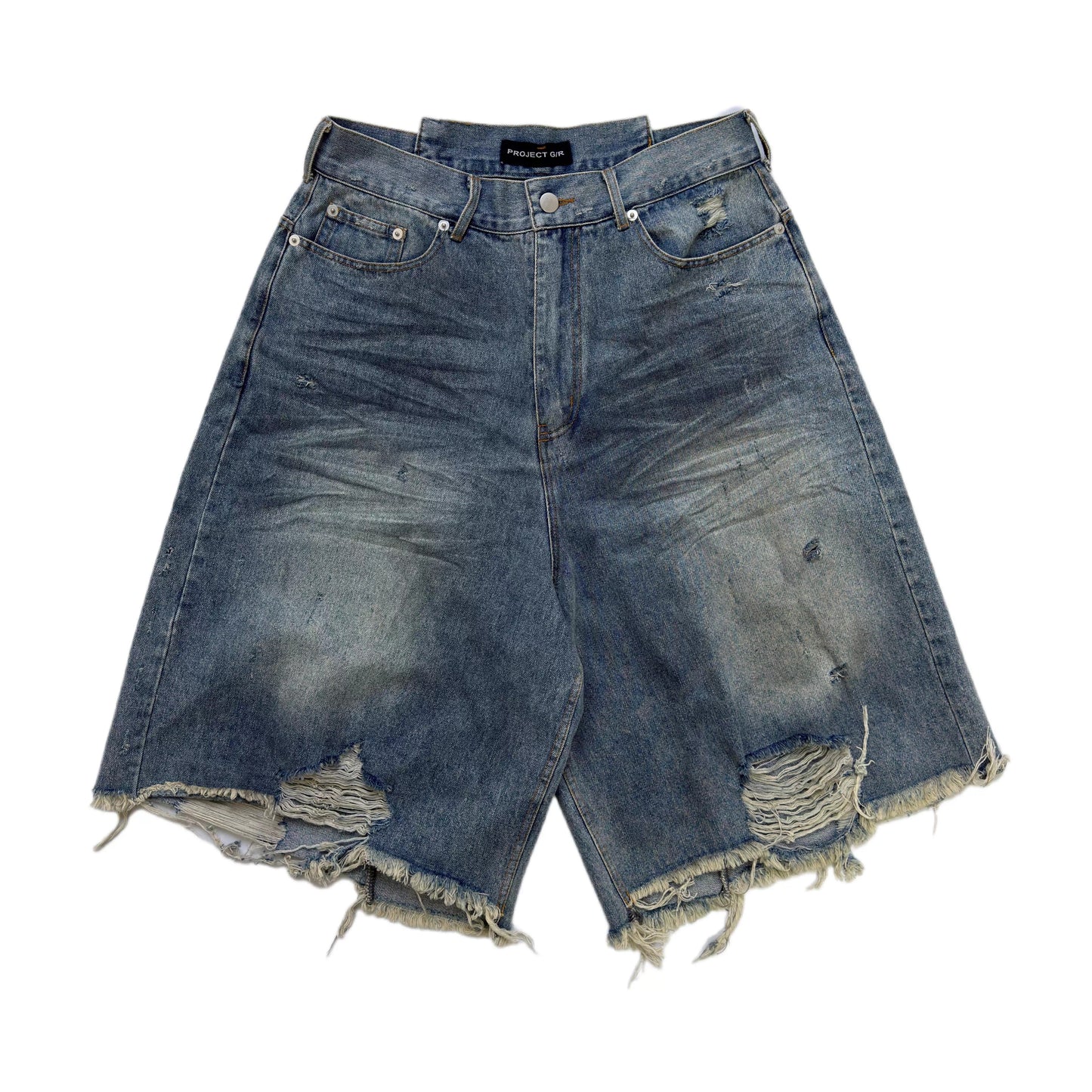 Washed Distressed Frayed Tassel Over-Knee Wrinkled Denim Shorts
 [ID:0553PA]