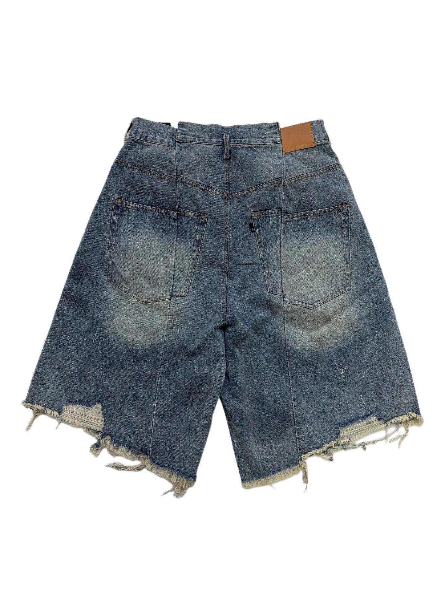 Washed Distressed Frayed Tassel Over-Knee Wrinkled Denim Shorts
 [ID:0553PA]