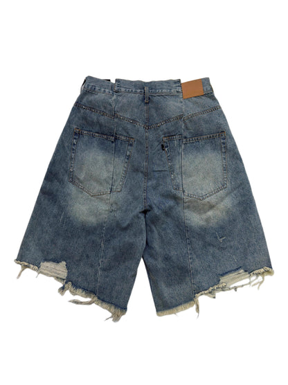 Washed Distressed Frayed Tassel Over-Knee Wrinkled Denim Shorts
 [ID:0553PA]