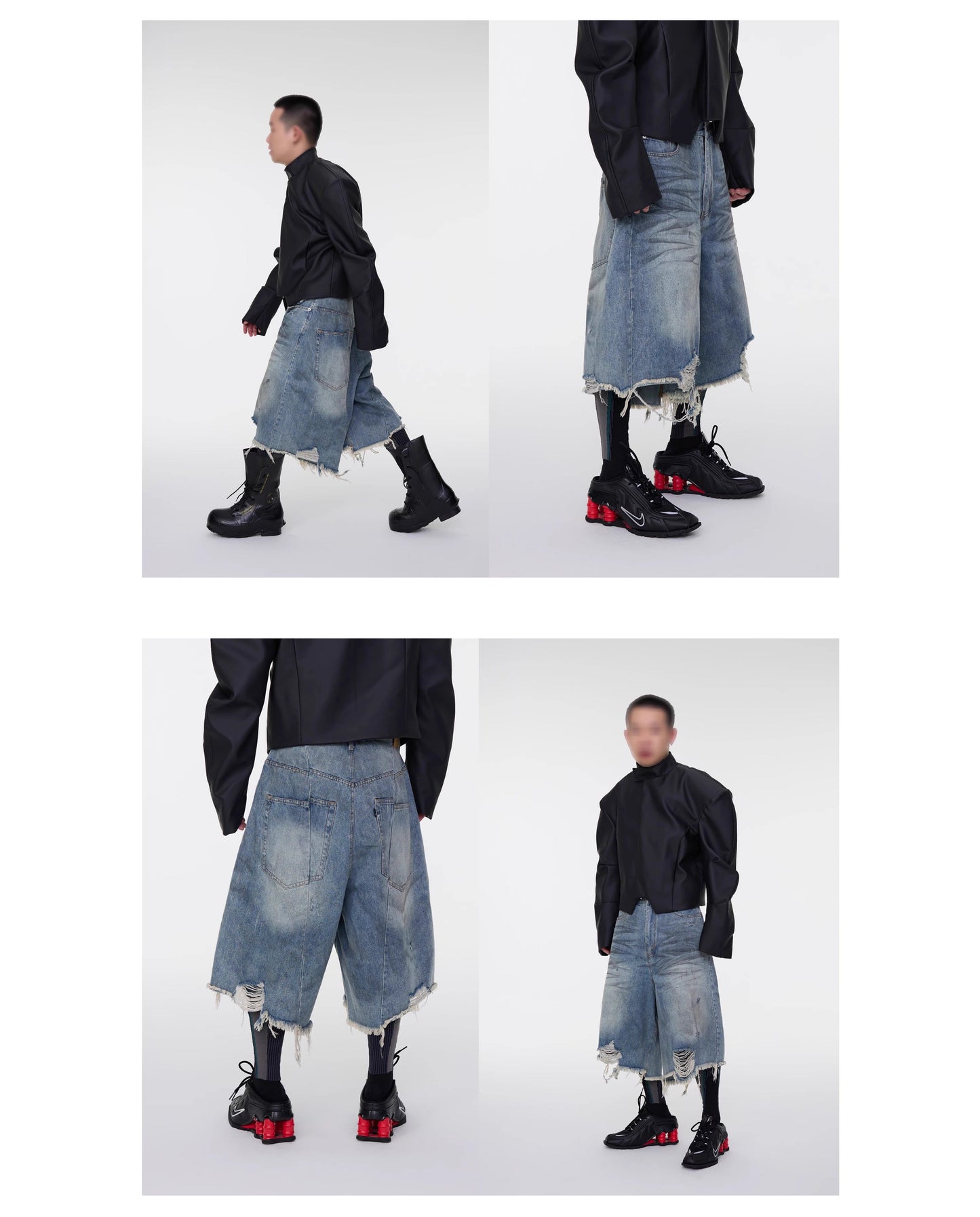 Washed Distressed Frayed Tassel Over-Knee Wrinkled Denim Shorts
 [ID:0553PA]