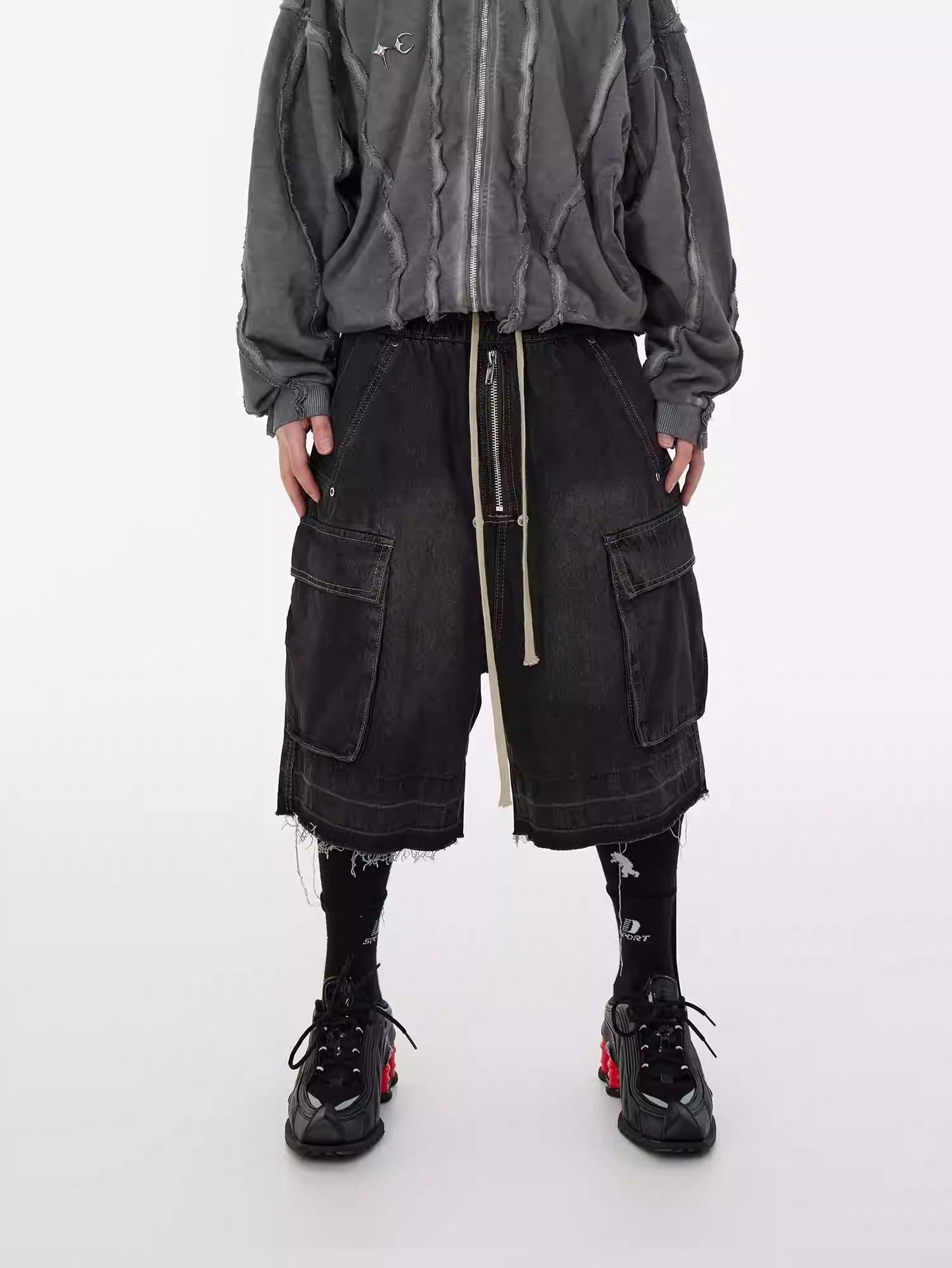 Washed Gradient Drawstring Multi-Pocket Denim Cargo Shorts
 [ID:0554PA]